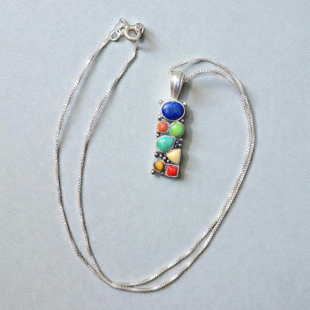 Vintage Sterling Multi Gemstone Pendant Necklace - Picture 2 of 8